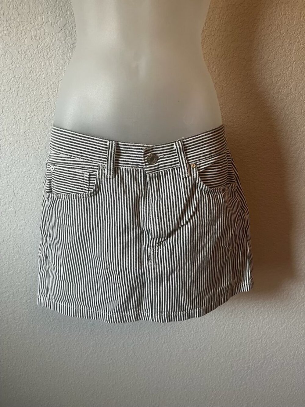MNG Black White Striped Denim Mini Skirt S